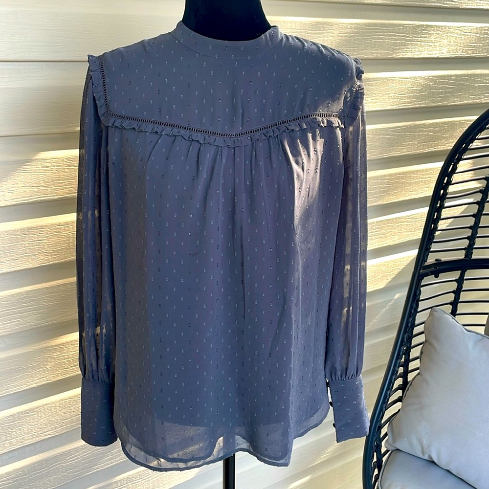 Ann Taylor grey high collared chiffon ruffled blouse with dots and subtle bling